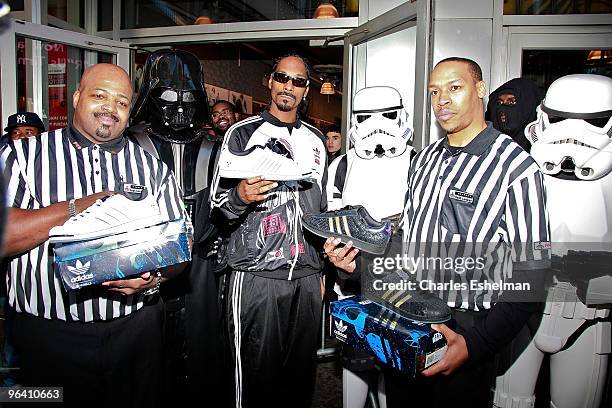 Rapper Snoop Dogg & Darth Vader and Stormtroopers launch the Adidas Originals X Star Wars Collection at Foot Locker Times Square on February 4, 2010...