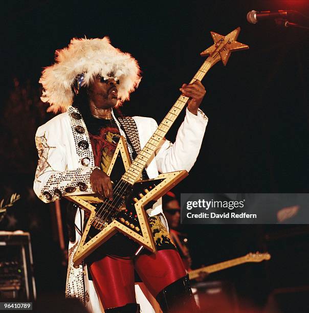 Funk bass player Bootsy Collins performs on stage at Nice Jazz Festival in 1998 in France. Image is part of David Redfern Premium Collection.