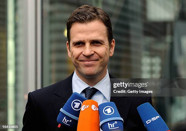 Team manager Oliver Bierhoff of the German football association talks to the media after the DFB Executive Board Meeting on February 4, 2010 in...