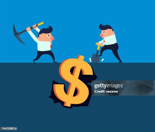 two businessmen dig underground dollars - digging hole stock illustrations