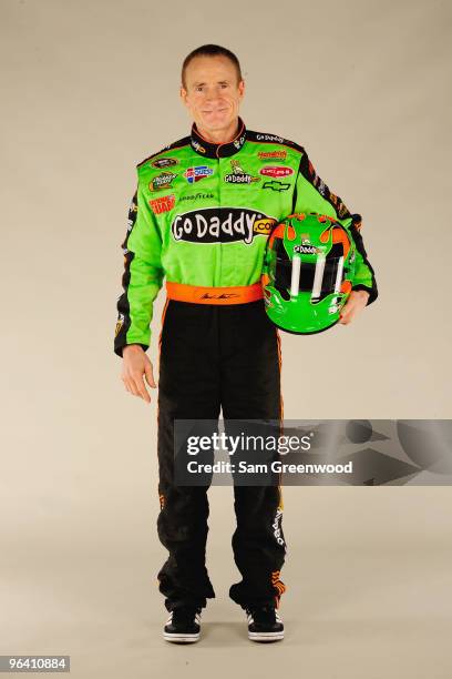 Mark Martin, driver of the GoDaddy.com Chevrolet, poses during NASCAR media day at Daytona International Speedway on February 4, 2010 in Daytona...