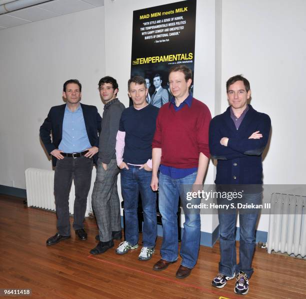 Actors Thomas Jay Ryan, Michael Urie, Arnie Burton, Matthew Schneck and Sam Breslin Wright attend "The Temperamentals" cast photo call at Pearl...