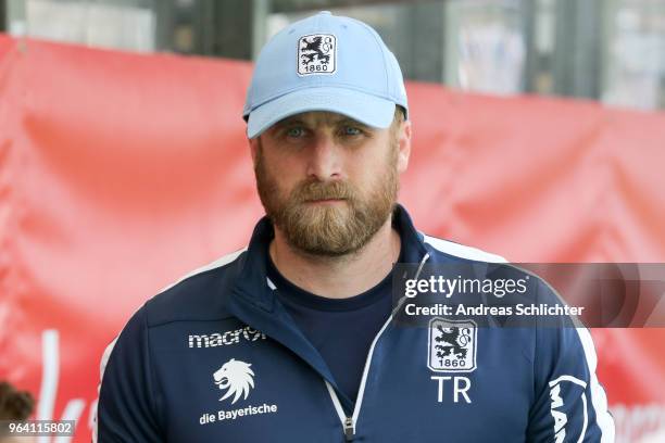 Coach Daniel Bierofka of TSV 1860 Muenchen during the Third League Playoff Leg 2 match between TSV 1860 Muenchen and 1.FC Saarbruecken at Stadion an...