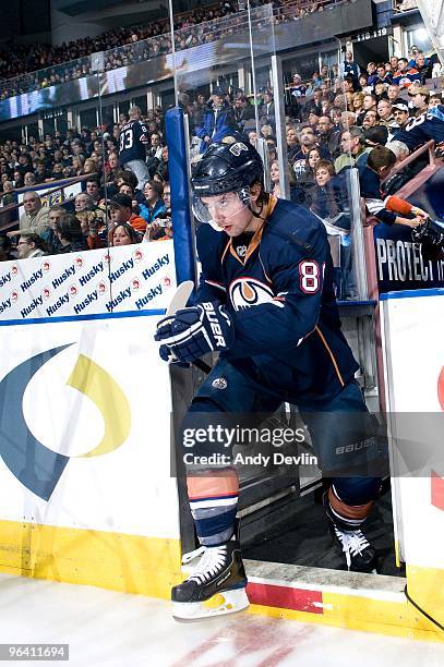Sam Gagner of the Edmonton Oilers steps on to the ice for a game against the St. Louis Blues at Rexall Place on January 28, 2010 in Edmonton,...