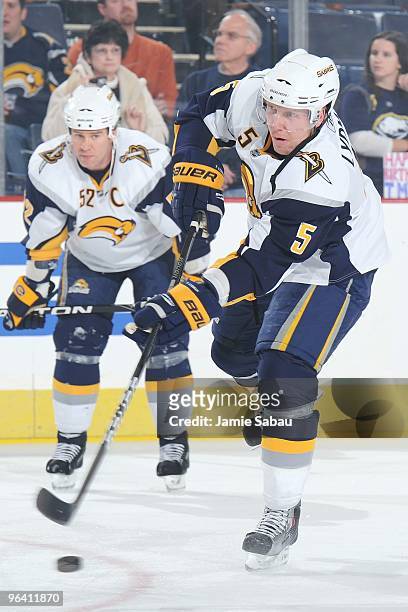 Defenseman Toni Lydman of the Buffalo Sabres warms up before a game against the Pittsburgh Penguins on February 1, 2010 at Mellon Arena in...