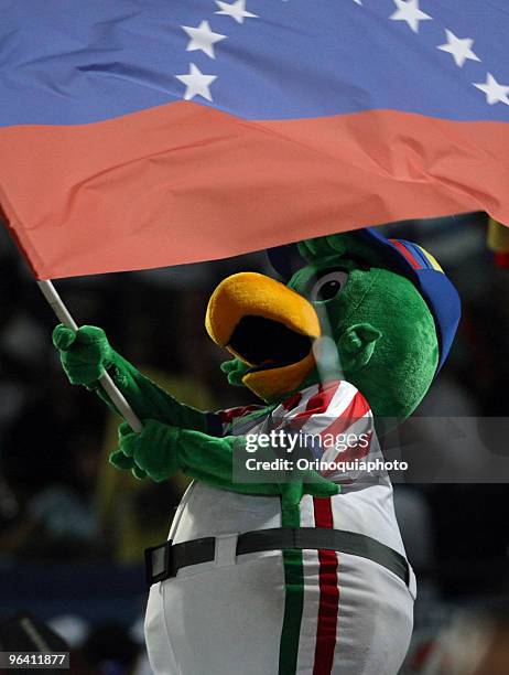 Series mascot cheer the game between Venezuela's Leones del Caracas v Puerto Rico's Indios de Mayagues as part of the Caribbean Baseball Series 2010...
