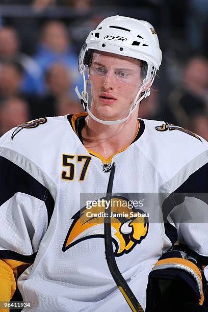 Defenseman Tyler Myers of the Buffalo Sabres waits for a face off against the Pittsburgh Penguins on February 1, 2010 at Mellon Arena in Pittsburgh,...