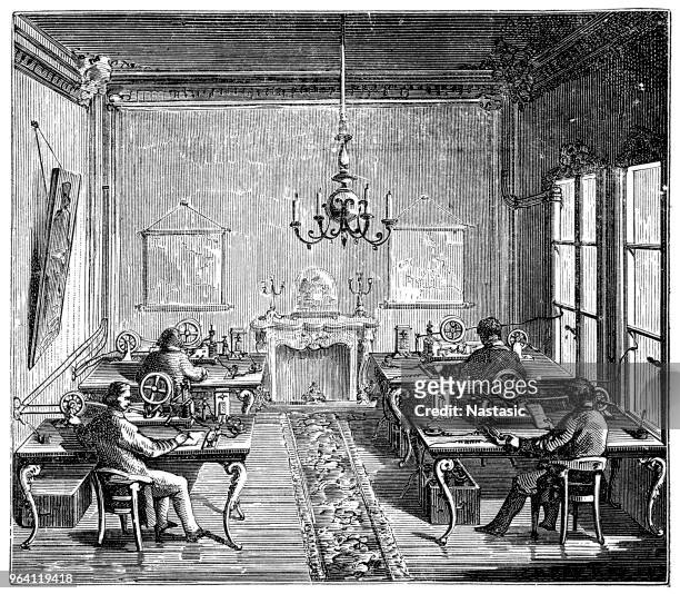 stockillustraties, clipart, cartoons en iconen met telegraaf ontvangst bureau in parijs, frankrijk - 1860