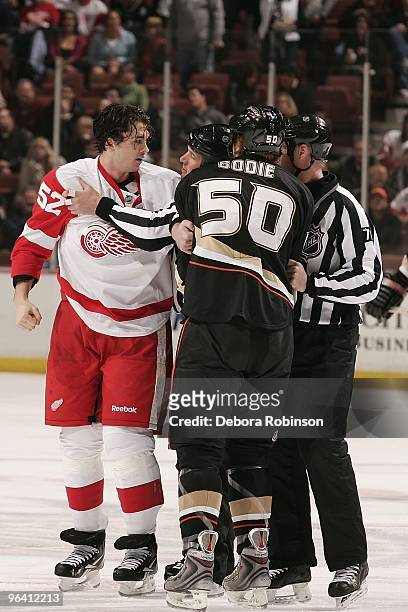 Troy Bodie of the Anaheim Ducks gets pulled away from Jonathan Ericsson of the Detroit Red Wings after a fight during the game on February 3, 2010 at...