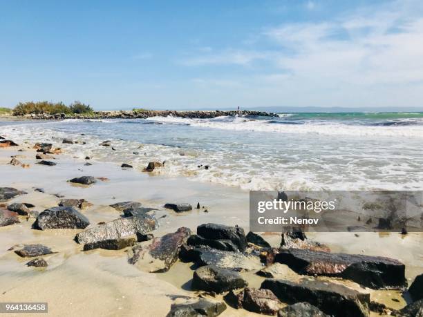 scenic view of sea against blue sky - pomorie stock-fotos und bilder