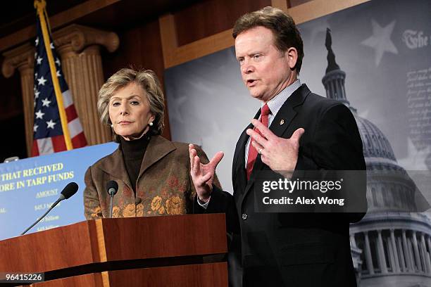 Sen. James Webb speaks as Sen. Barbara Boxer looks on during a news conference on Capitol Hill February 4, 2010 in Washington, DC. The Senators...