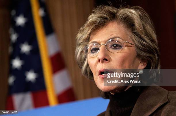 Sen. Barbara Boxer speaks during a news conference on Capitol Hill February 4, 2010 in Washington, DC. Sen. Boxer and Sen. James Webb introduced the...