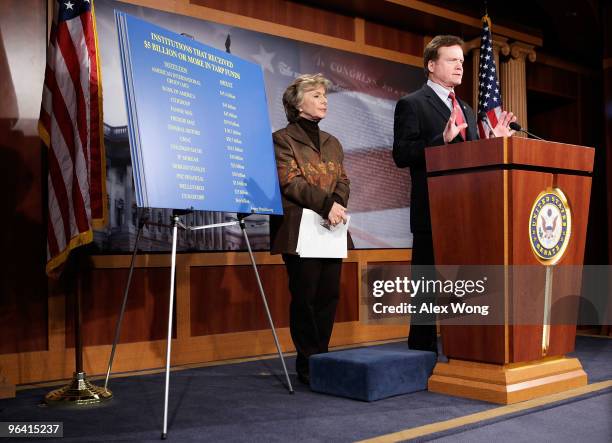 Sen. James Webb speaks as Sen. Barbara Boxer looks on during a news conference on Capitol Hill February 4, 2010 in Washington, DC. The Senators...