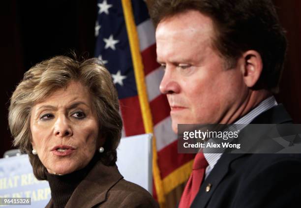 Sen. James Webb and Sen. Barbara Boxer attend a news conference on Capitol Hill February 4, 2010 in Washington, DC. The Senators introduced the...