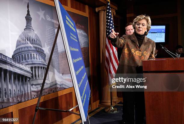 Sen. Barbara Boxer speaks as Sen. James Webb listens during a news conference on Capitol Hill February 4, 2010 in Washington, DC. The Senators...