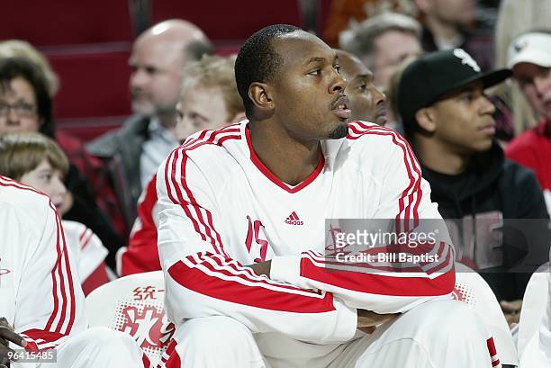 Joey Dorsey of the Houston Rockets looks on from the bench during the game against the Miami Heat on January 15, 2010 at the Toyota Center in...
