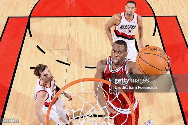 Jodie Meeks of the Milwaukee Bucks lays up a shot against Rudy Fernandez of the Portland Trail Blazers during the game on January 13, 2010 at the...