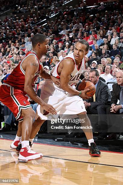Jerryd Bayless of the Portland Trail Blazers drives the ball against Charlie Bell of the Milwaukee Bucks during the game on January 13, 2010 at the...