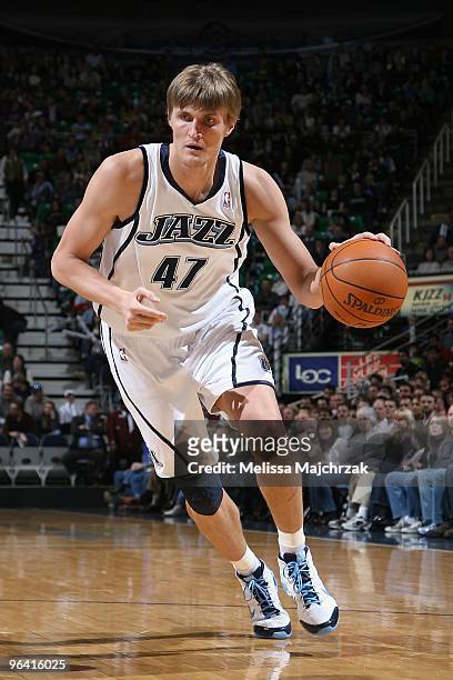 Andrei Kirilenko of the Utah Jazz moves the ball against the Milwaukee Bucks during the game at EnergySolutions Arena on January 16, 2010 in Salt...