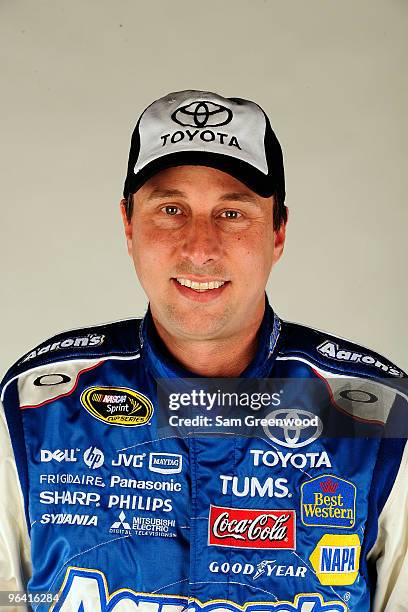 David Reutimann, driver of the Aaron�s Dream Machine Toyota, poses during NASCAR media day at Daytona International Speedway on February 4, 2010 in...