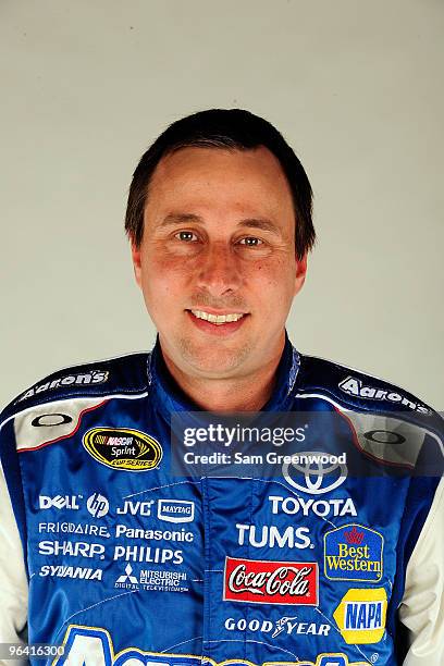 David Reutimann, driver of the Aaron�s Dream Machine Toyota, poses during NASCAR media day at Daytona International Speedway on February 4, 2010 in...