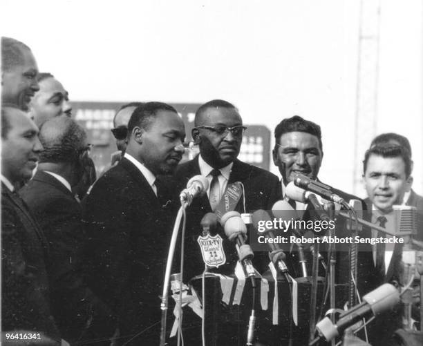 Photo of the Reverend Dr. Martin Luther King, Jr. During his first visit to Los Angeles, May 1963. He addressed a crowd of more than 35,000 jammed...