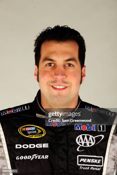 Sam Hornish Jr., driver of the Mobil 1 Dodge, poses during NASCAR media day at Daytona International Speedway on February 4, 2010 in Daytona Beach,...