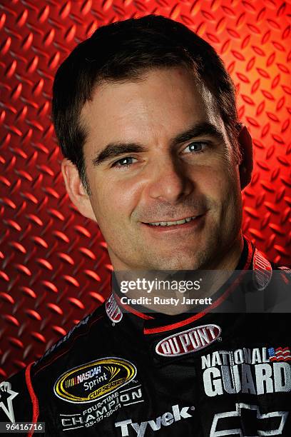 Jeff Gordon, driver of the Dupont Chevrolet, poses during NASCAR media day at Daytona International Speedway on February 4, 2010 in Daytona Beach,...