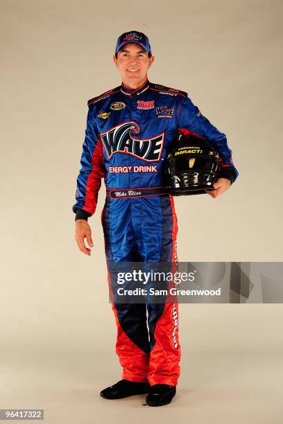 Mike Bliss, driver of the Wave Energy Drink Chevrolet, poses during NASCAR media day at Daytona International Speedway on February 4, 2010 in Daytona...