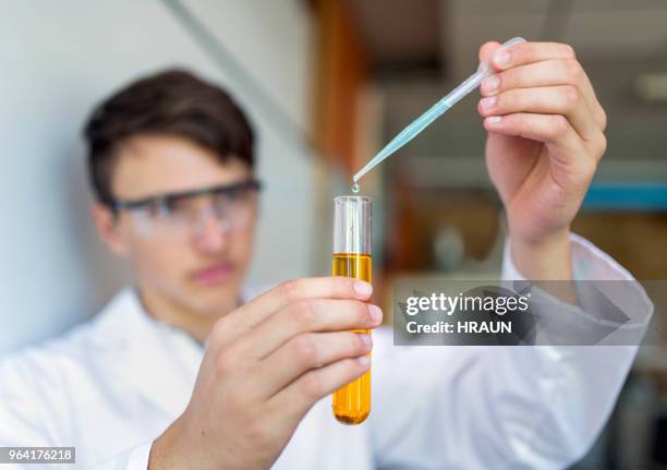 school student dripping liquid into test tube - liquid solution stock pictures, royalty-free photos & images