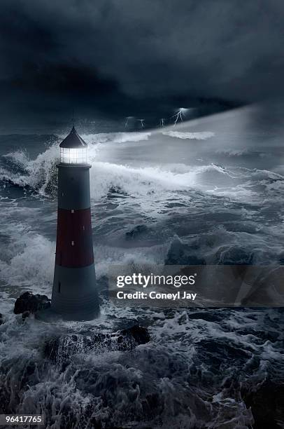 3d lighthouse with stormy seas and boat - coneyl - fotografias e filmes do acervo