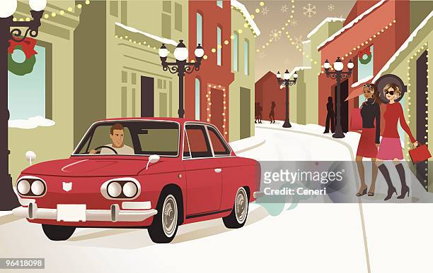 car driving down street covered in christmas decorations - vintage street light stock illustrations