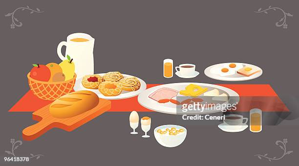 stockillustraties, clipart, cartoons en iconen met illustration of a table set for breakfast - buffet