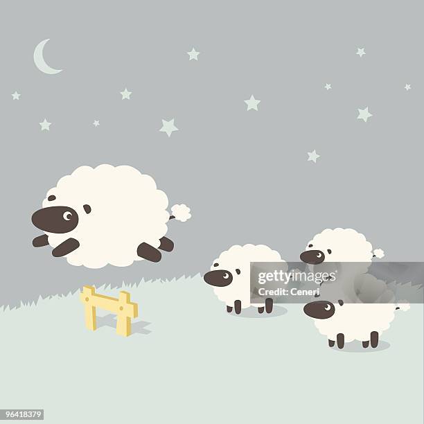 ilustrações de stock, clip art, desenhos animados e ícones de insónia frequentes: sheeps passar sobre os sobre a vedação - insónia