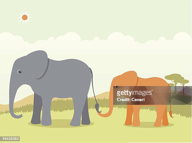 stockillustraties, clipart, cartoons en iconen met elephant mother and child in the wild - welp