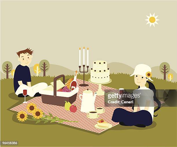 junges paar mit romantischen picknick - mann lässig gras sitzen stock-grafiken, -clipart, -cartoons und -symbole