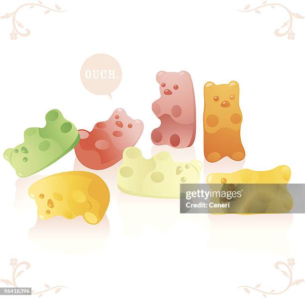 pastel cartoon images of gummy bears with one saying ouch - gummi bears on white stock illustrations