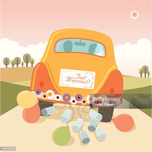 stockillustraties, clipart, cartoons en iconen met just married: getaway car with cans and balloons - just married
