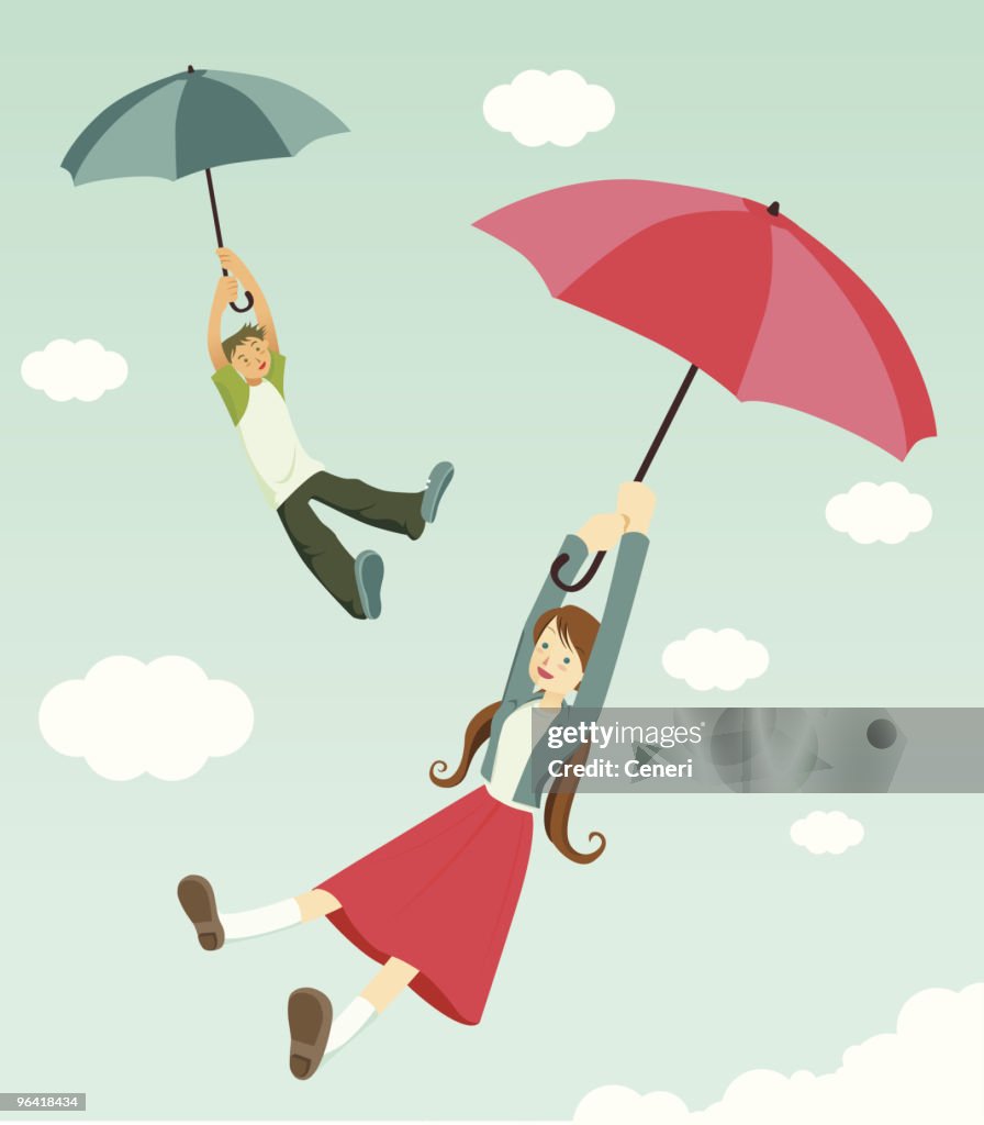 Happiness is two teenagers flying with umbrellas