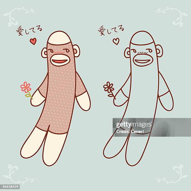 sock monkey verliebt - valentine monkey stock-grafiken, -clipart, -cartoons und -symbole