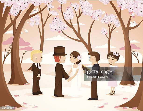 illustrations, cliparts, dessins animés et icônes de vintage cadre de mariage à cherry blossom forêt - arbre cerisier japonais vectoriel