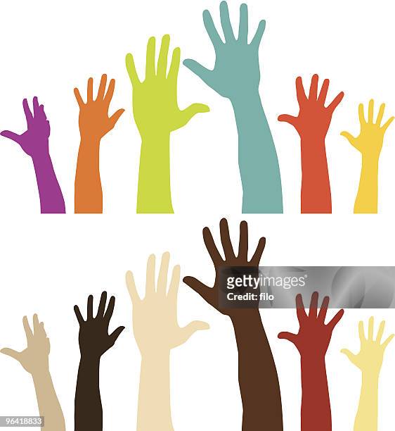 raised hands - volunteer hands colorful stock illustrations