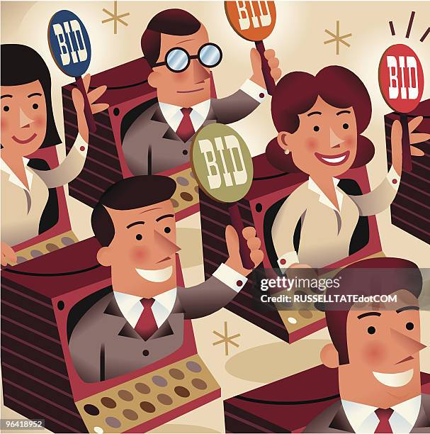 ilustraciones, imágenes clip art, dibujos animados e iconos de stock de las subastas en línea - puja
