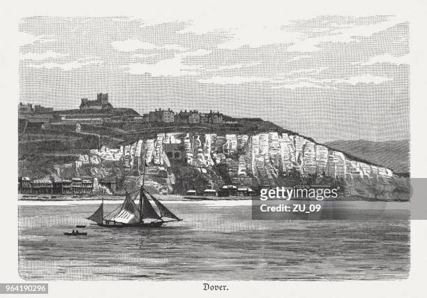 white cliffs of dover, wood engraving, published in 1897 - north downs stock illustrations