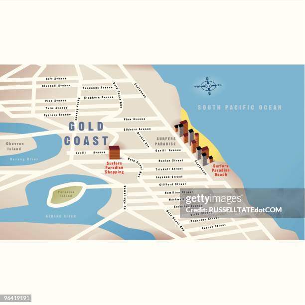 gold coast, qld, australia map - surfers paradise stock illustrations