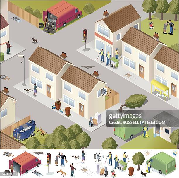 town services - isometric town stock illustrations