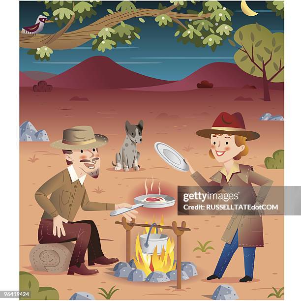 lamb chops in the aussie outback - couple making dinner stock illustrations