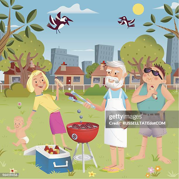 ilustraciones, imágenes clip art, dibujos animados e iconos de stock de picnic en el parque - abuelos y nietos