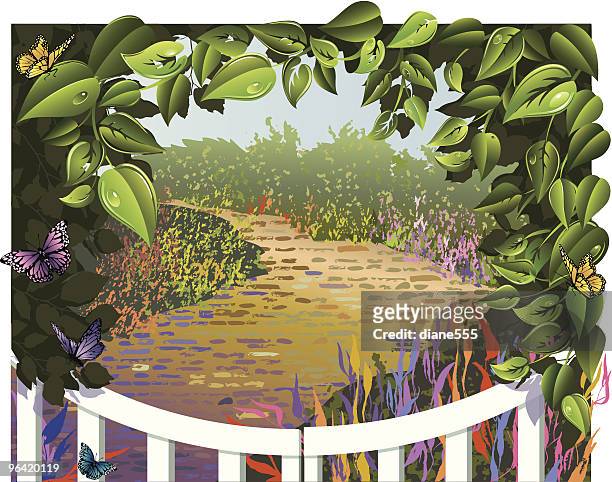 ilustrações de stock, clip art, desenhos animados e ícones de folha com moldura em torno de um jardim portão com caminho - grupo médio de animais