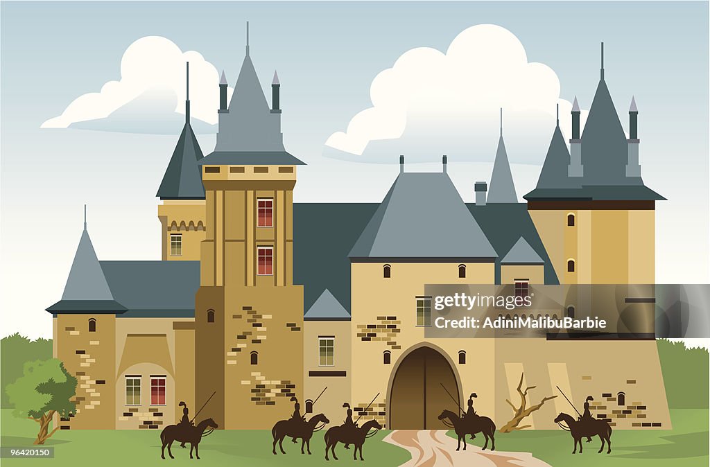 Cartoon Castle with People and Horses Outside